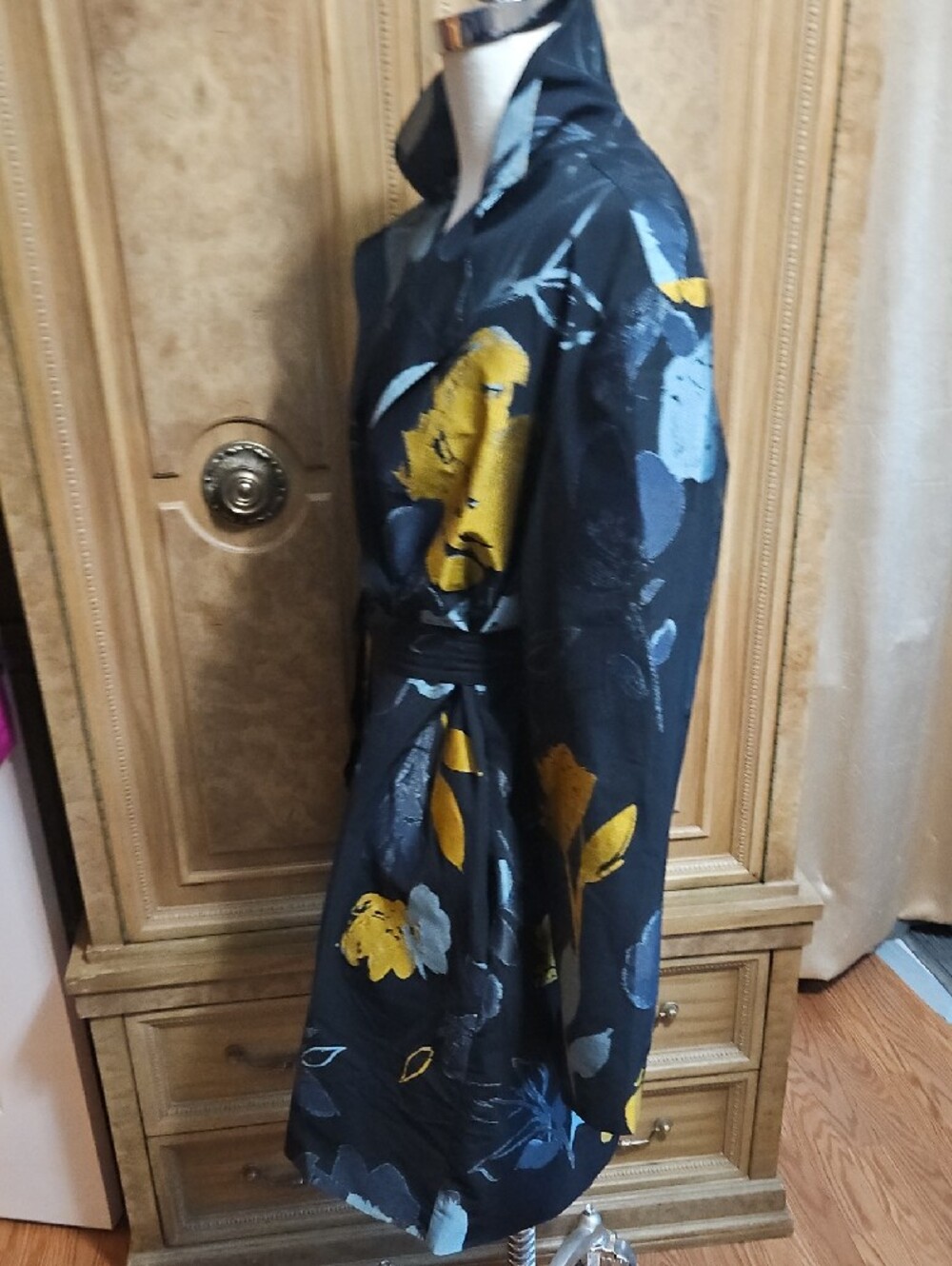 Chico's Stunning Black Trench Coat with Blue & Gold Floral Print - Picture 8 of 11